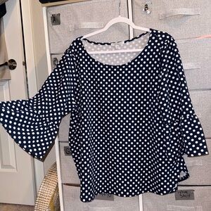 Green Envelope blouse 2X - blue w/white polka dots - office wear